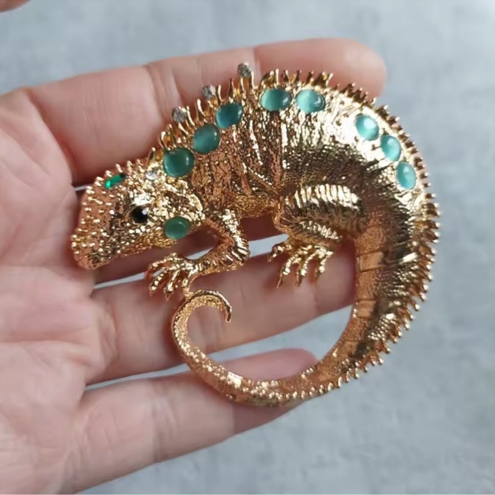 Gold Lizard Jeweled Reptile with Aqua Crystal Spikes